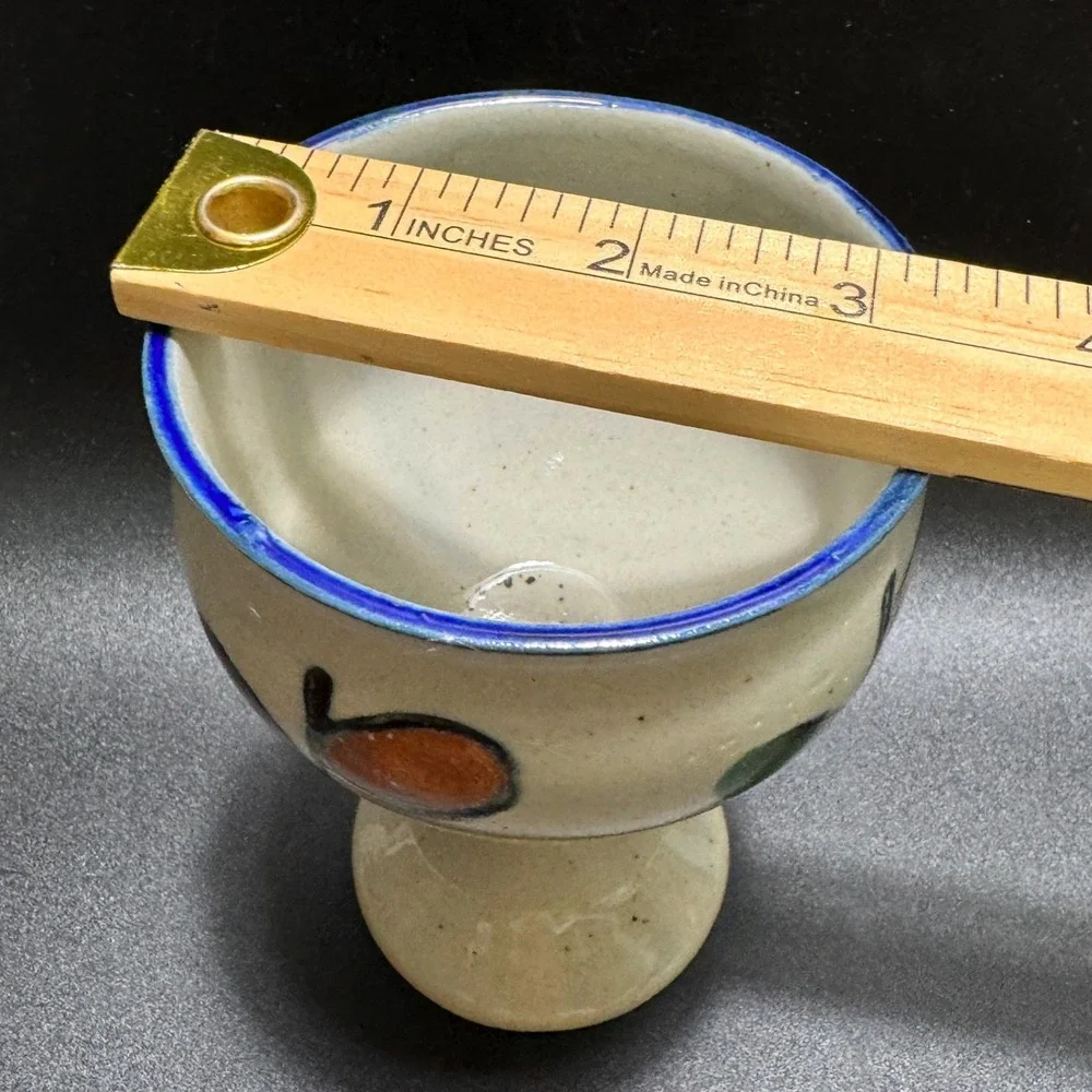 Vintage Pottery Goblet Hand Painted Fruit Speckle Glaze Cobalt Blue Rim Folk Art